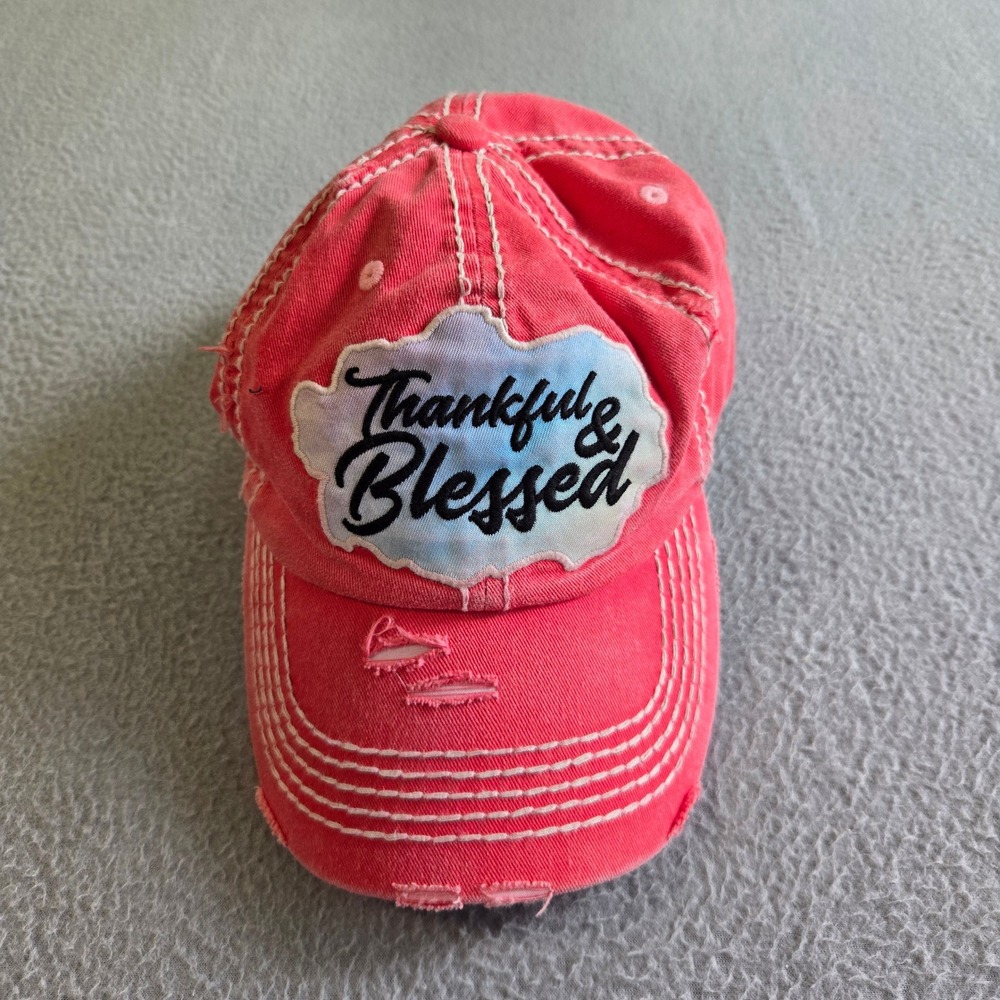 KBETHOS Baseball Cap Womens OS Coral Pink‎ Thankful Blessed Distressed Vintage